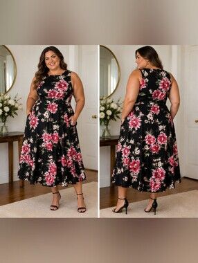 Floral Sleeveless Black Dress with Pink Bloom Print